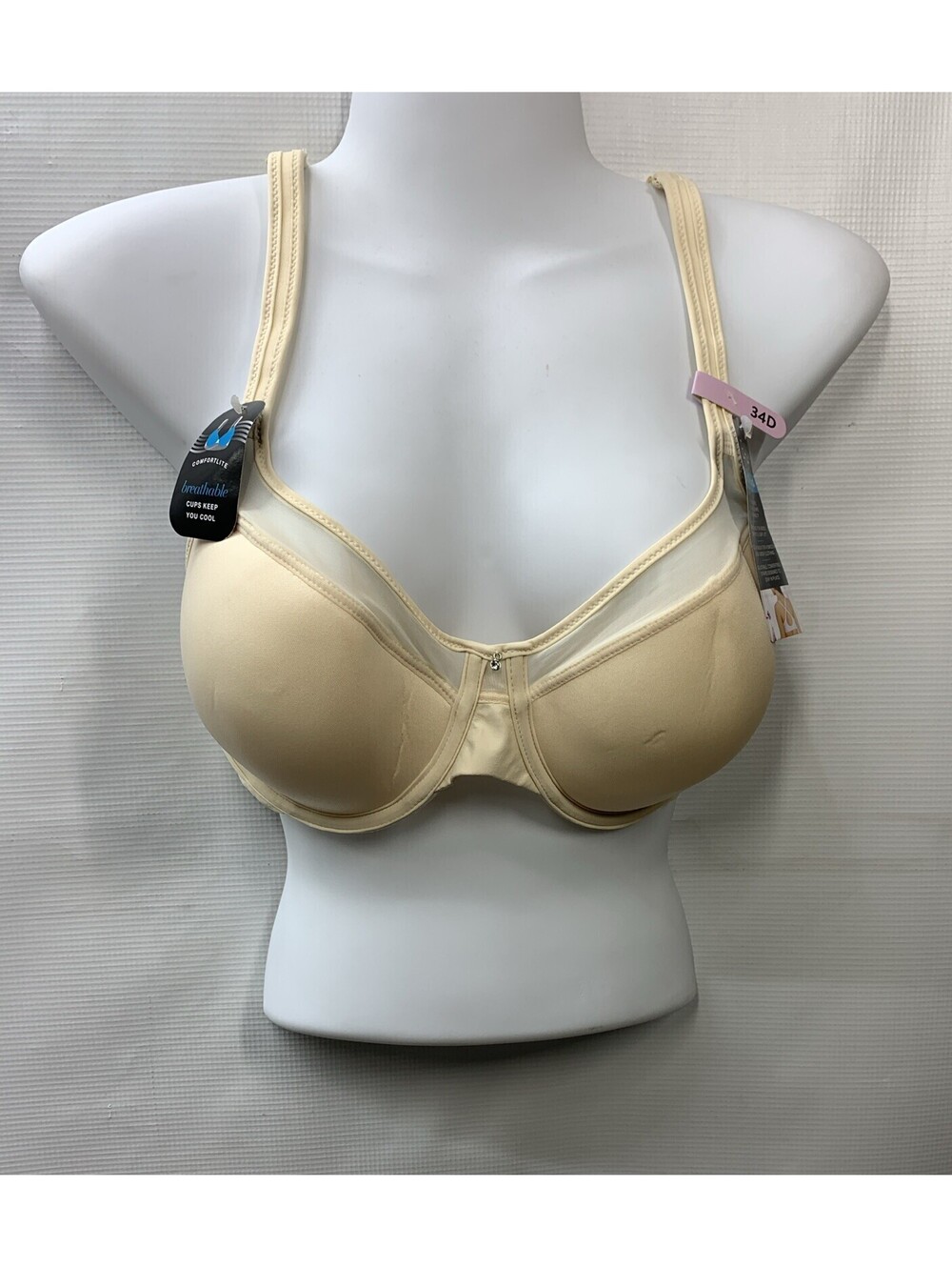 Bali 3439 One Smooth U Ultra Lite Neckline Bra Lightweight 34D Cream Underwire
